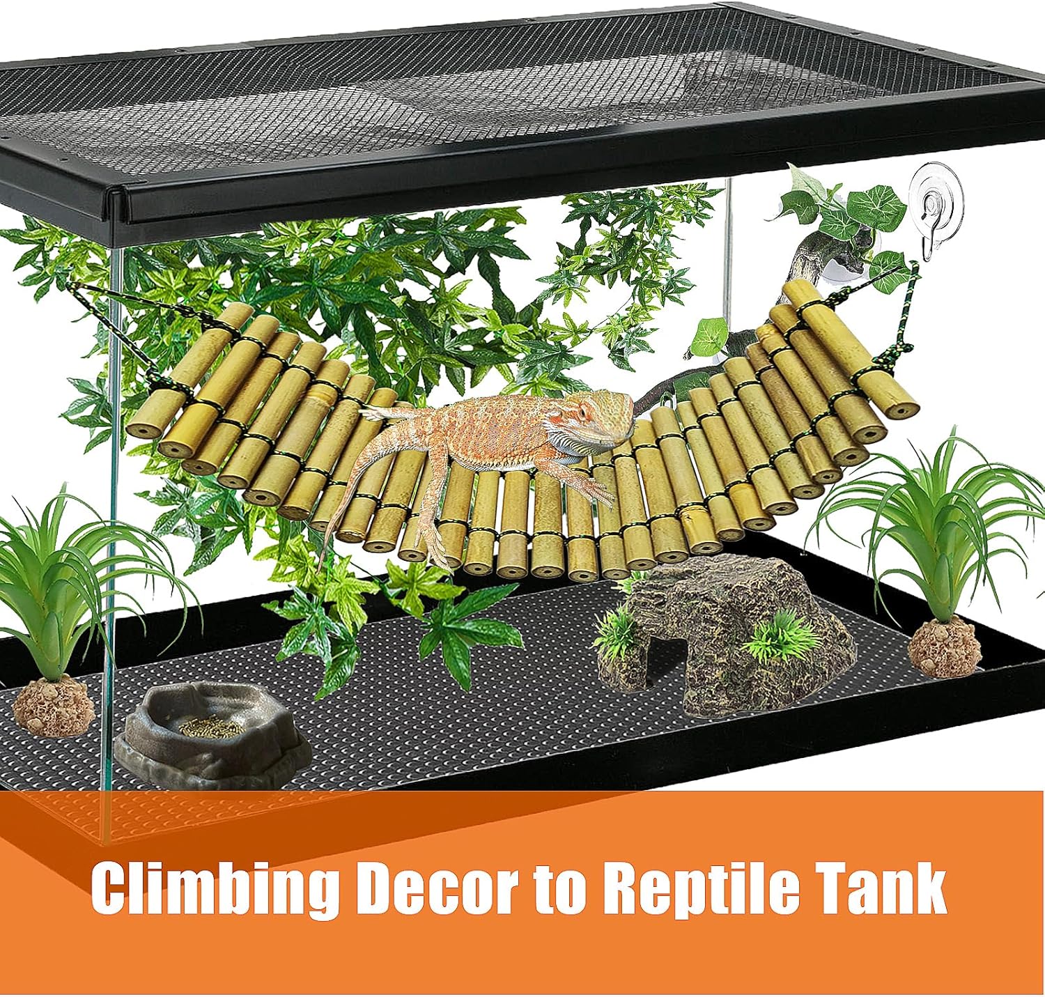 Bearded Dragon Tank Accessories, Reptile Climbing Hammock Bridge, Lizard Lounger Bamboo Ladder, Reptile Tank Accessories for Habitat, 12 x6 in