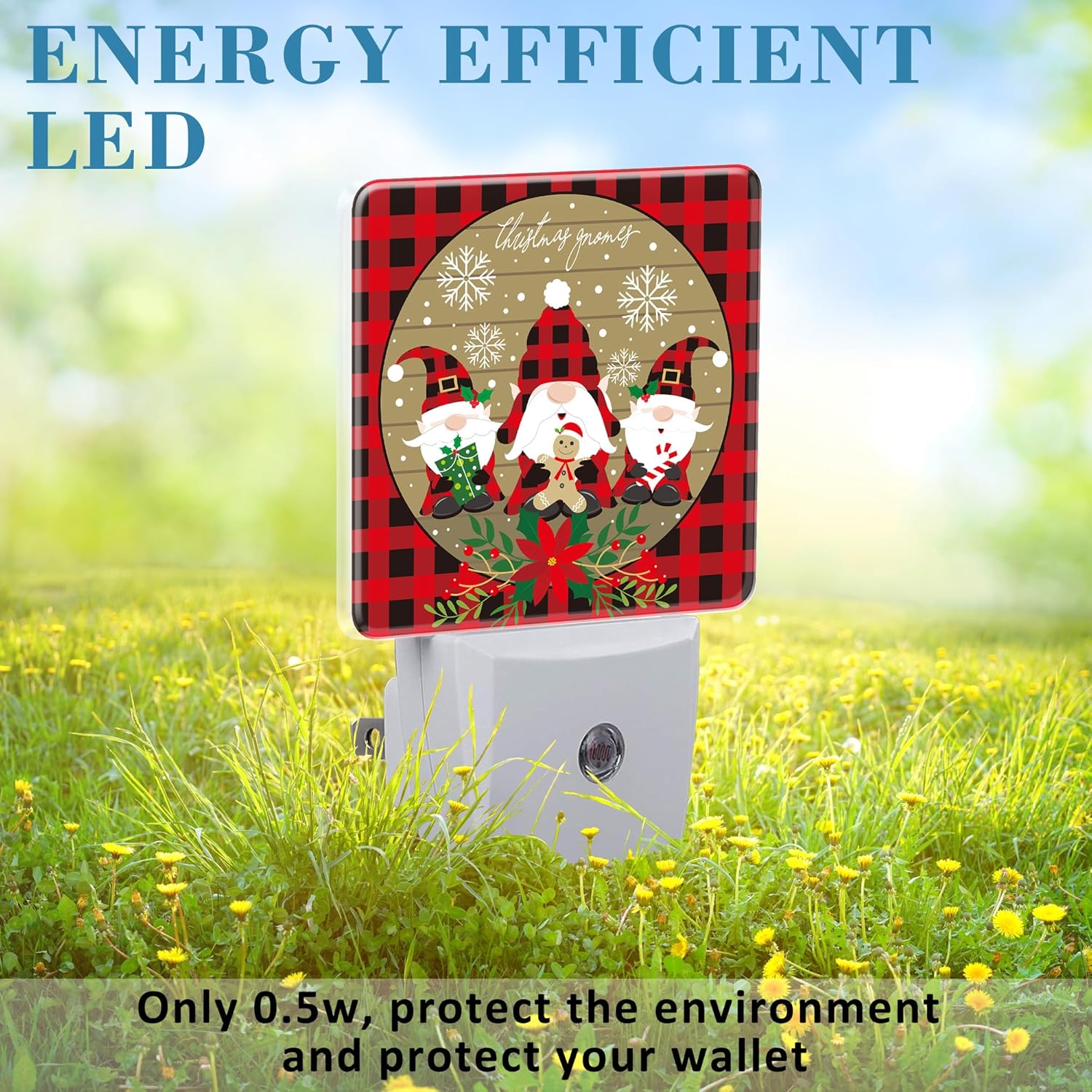 Christmas Gnome Red Black Plaid Night Light for Kids, LED Night Light Plug into Wall with Dusk to Dawn Sensor for Girls Boys Women Men Room Decor, Hallway, Kitchen, Bathroom, Nursery, Stairs