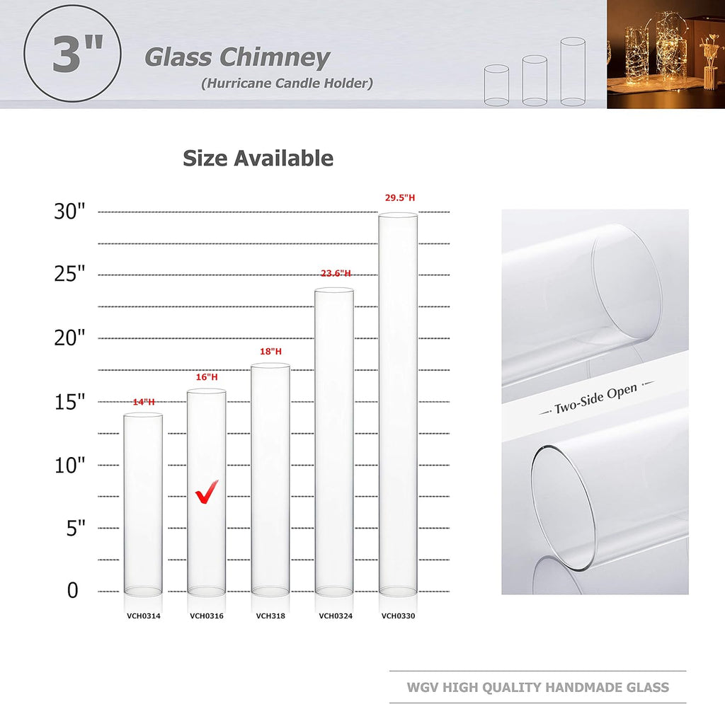 WGVI Hurricane Candle Holder Sleeve, Wide 3", Height 16", Clear Glass Cylinder Candleholder, Chimney Tube, Open Ended Candle Shade, 6 Pieces Bulk