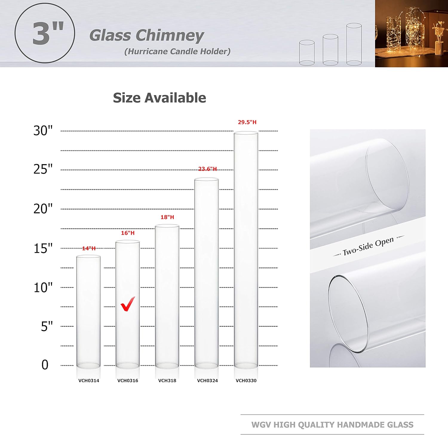WGVI Hurricane Candle Holder Sleeve, Wide 3", Height 16", Clear Glass Cylinder Candleholder, Chimney Tube, Open Ended Candle Shade, 6 Pieces Bulk