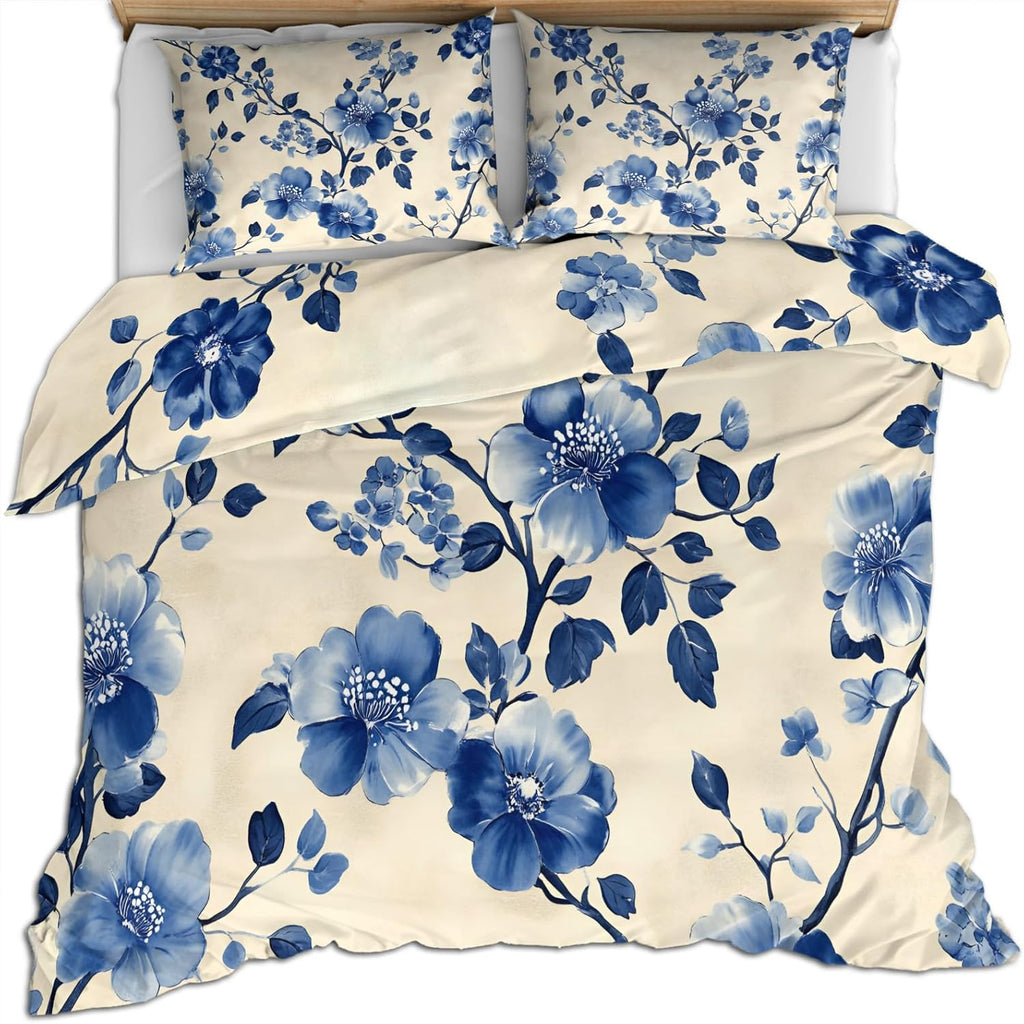 Floral Print Duvet Cover Full Size, Boho Blue Tie-Dye Bedding Set 3 Piece Bedroom Decor Rustic Watercolor Comforter Cover and 2 Pillow Sham with Zipper Closure