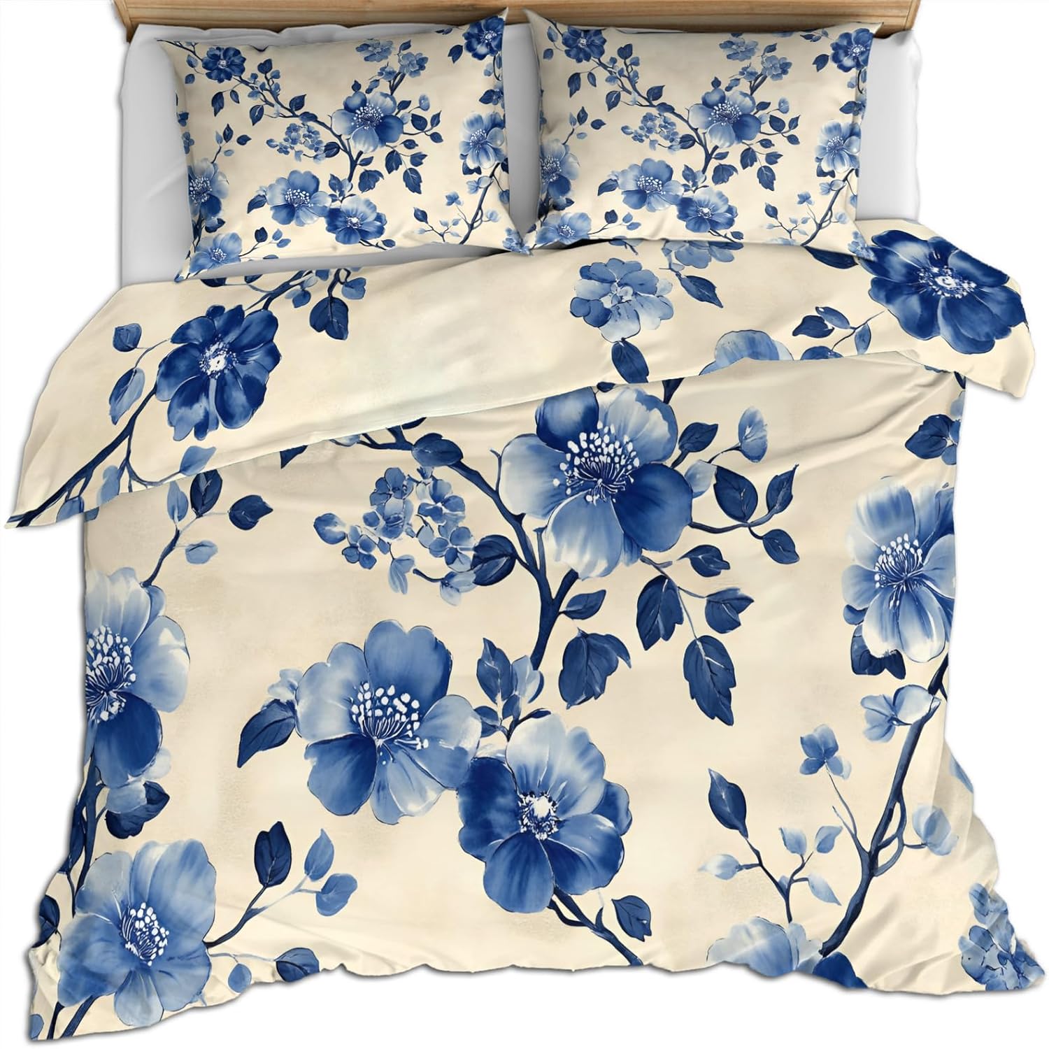 Floral Print Duvet Cover King Size, Boho Blue Tie-Dye Bedding Set 3 Piece Bedroom Decor Rustic Watercolor Comforter Cover and 2 Pillow Sham with Zipper Closure