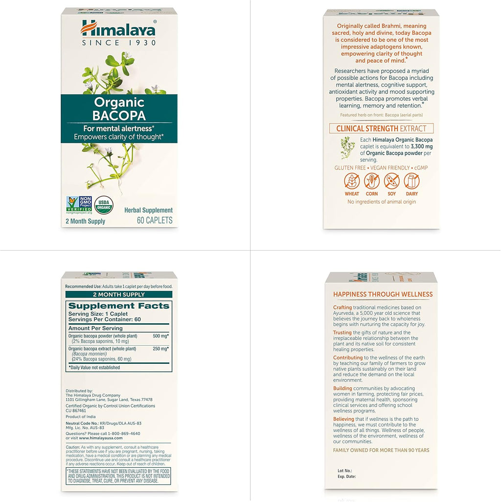 Himalaya Bacopa Monnieri Nootropic Herbal Supplement, Supports Calm, Memory, Cognition, USDA Certified Organic, Non-GMO, 750 mg, 60 Plant-Based Caplets, 60 Day Supply