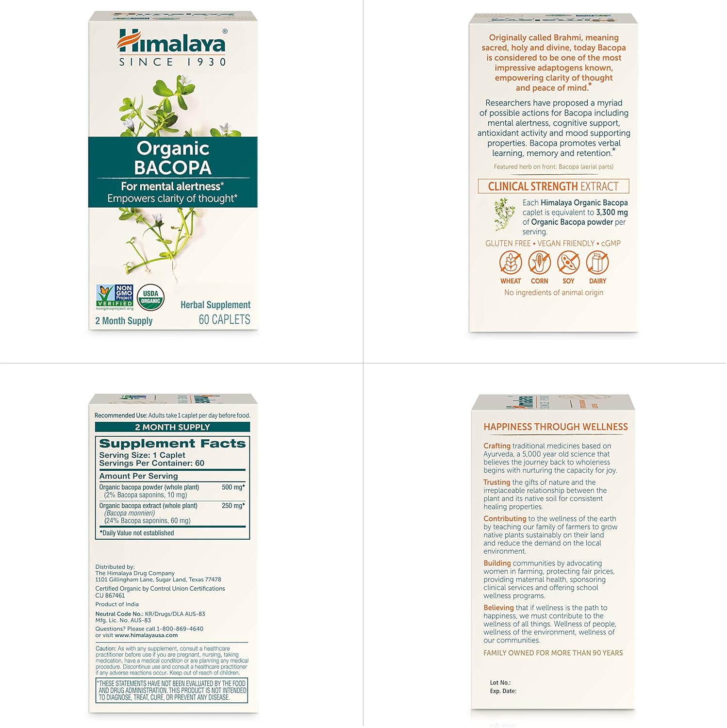 Himalaya Bacopa Monnieri Nootropic Herbal Supplement, Supports Calm, Memory, Cognition, USDA Certified Organic, Non-GMO, 750 mg, 60 Plant-Based Caplets, 60 Day Supply