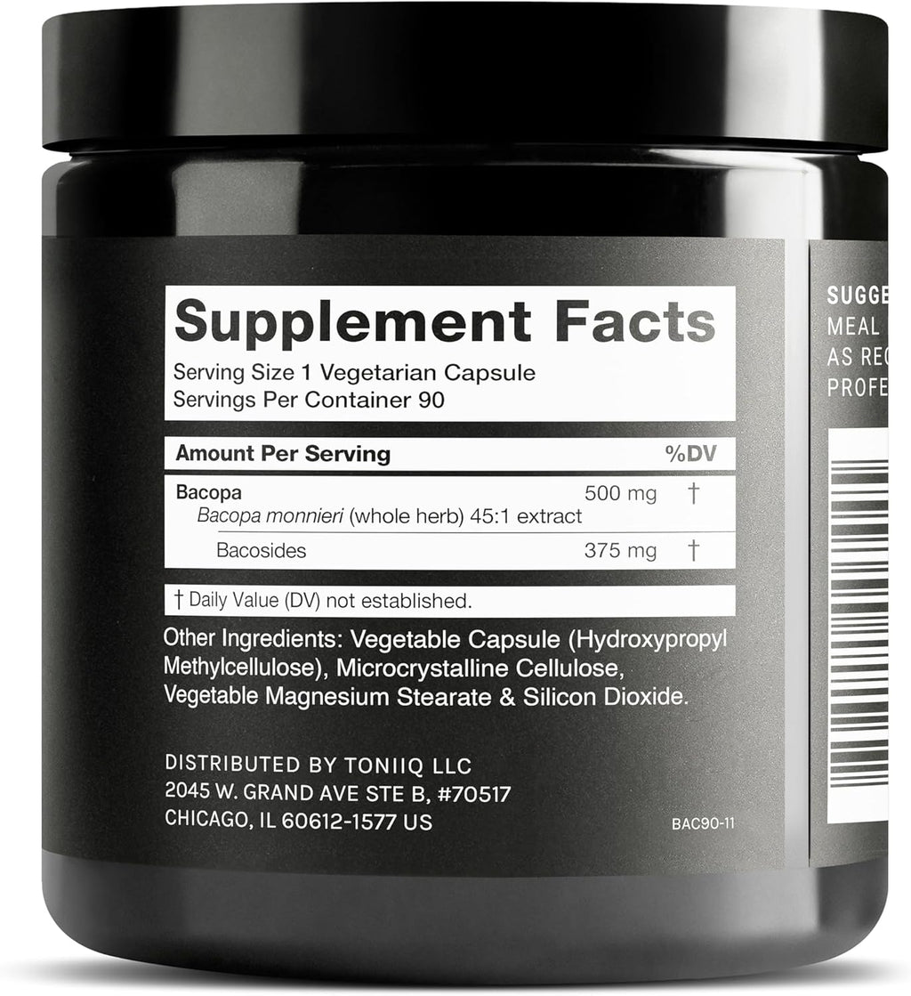 Toniiq Bacopa - Ultra High Potency 45:1 Extract with 75% Bacosides - Highly Concentrated - Third-Party Lab Tested - 90 Capsules
