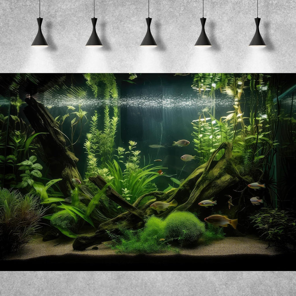 Underwater Aquarium Background Lush Green Diverse Aquatic Plants with Sunbeams Fish Tank Background Underwater Stone with Moss Tropical Fish Rooted Species Terrarium Background Vinyl 72x16in