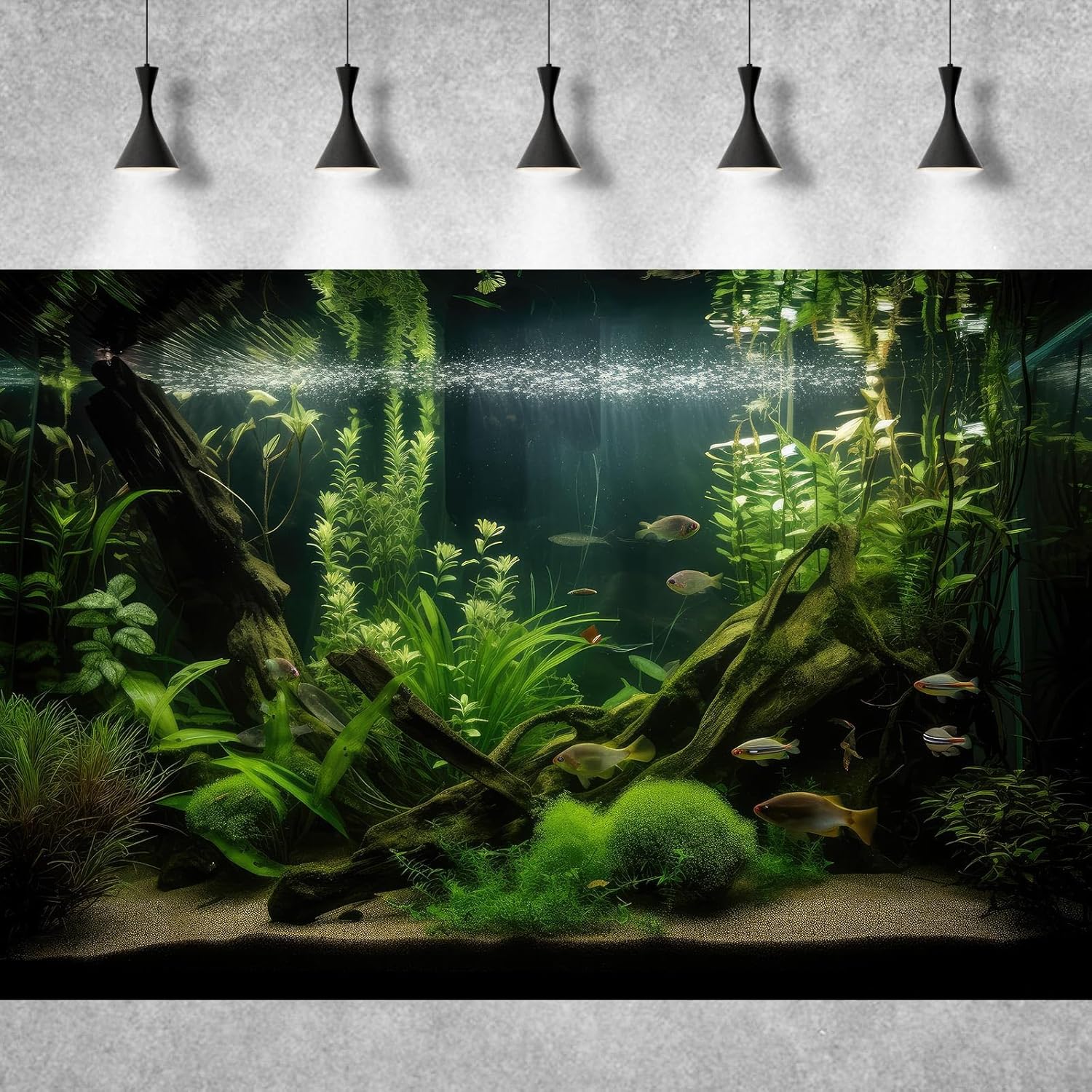 Underwater Aquarium Background Lush Green Diverse Aquatic Plants with Sunbeams Fish Tank Background Underwater Stone with Moss Tropical Fish Rooted Species Terrarium Background Vinyl 36x20in