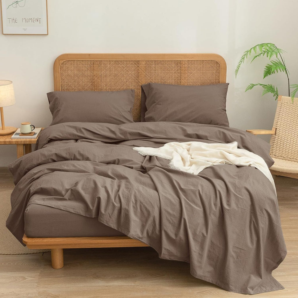 BESTOUCH Sheet Set 100% Washed Cotton Linen Feel Super Soft Comfortable Chic Lightweight 4 Pcs Home Bedding Set Solid Pine Bark Brown King