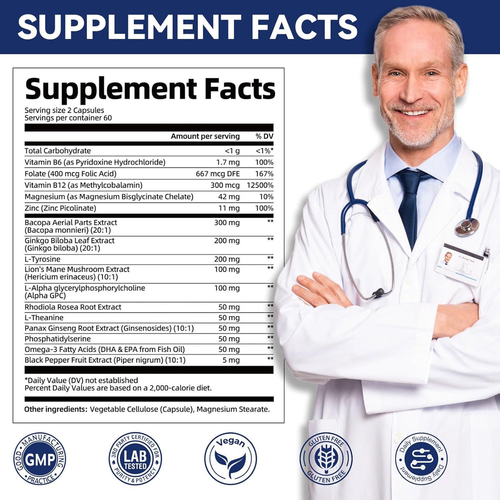 2-Pack Brain Supplements for Memory and Focus | Nootropic with Bacopa Monnieri, Lion's Mane, Alpha GPC, Ginkgo Biloba | Mental Clarity & Cognitive Support | Vitamin B6 & B12 Neuro Health