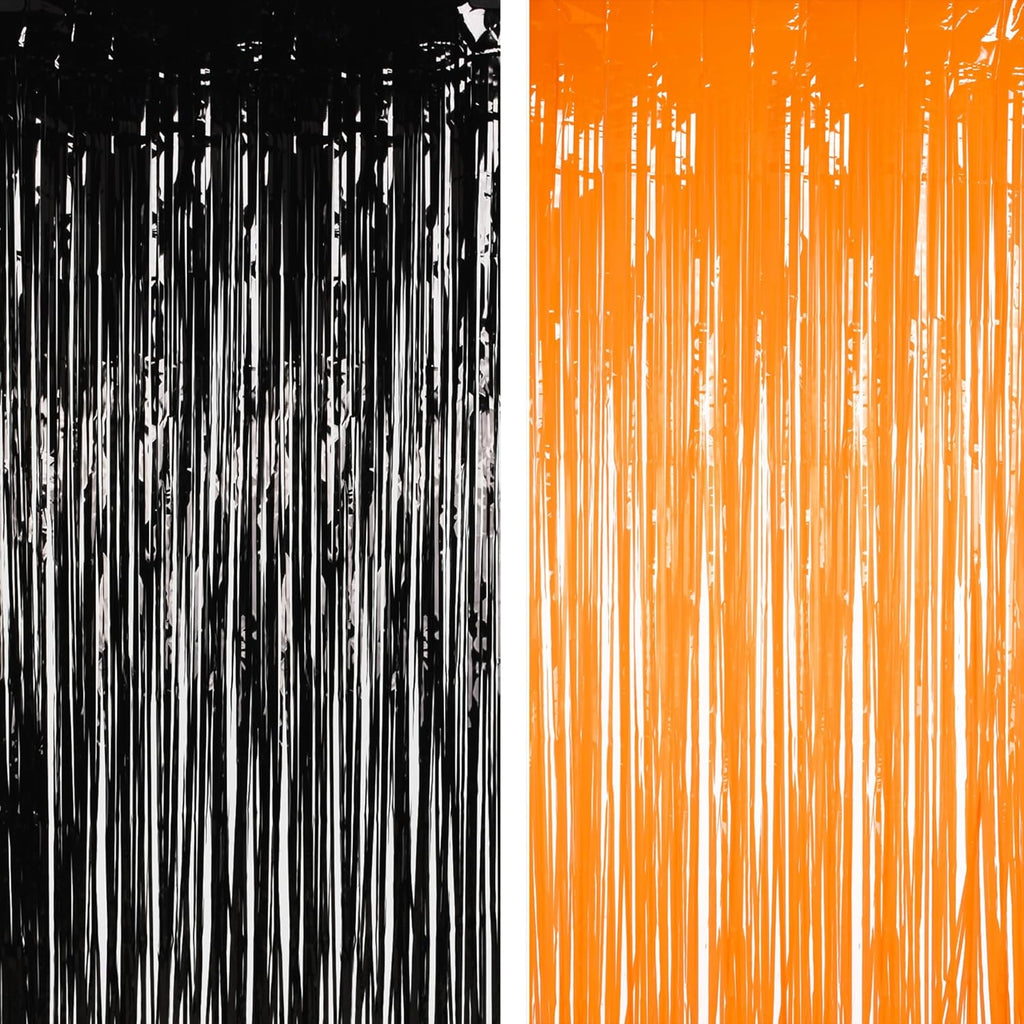BRAVESHINE 1 Black 1 Orange Tinsel Photo Backdrop Curtains - 3.2x8.2ft Foil Fringe Streamer Curtain for Birthdays, Halloweens, Graduations, Pumpkin, Home, Indoor or Outdoor Party Supplies Decorations