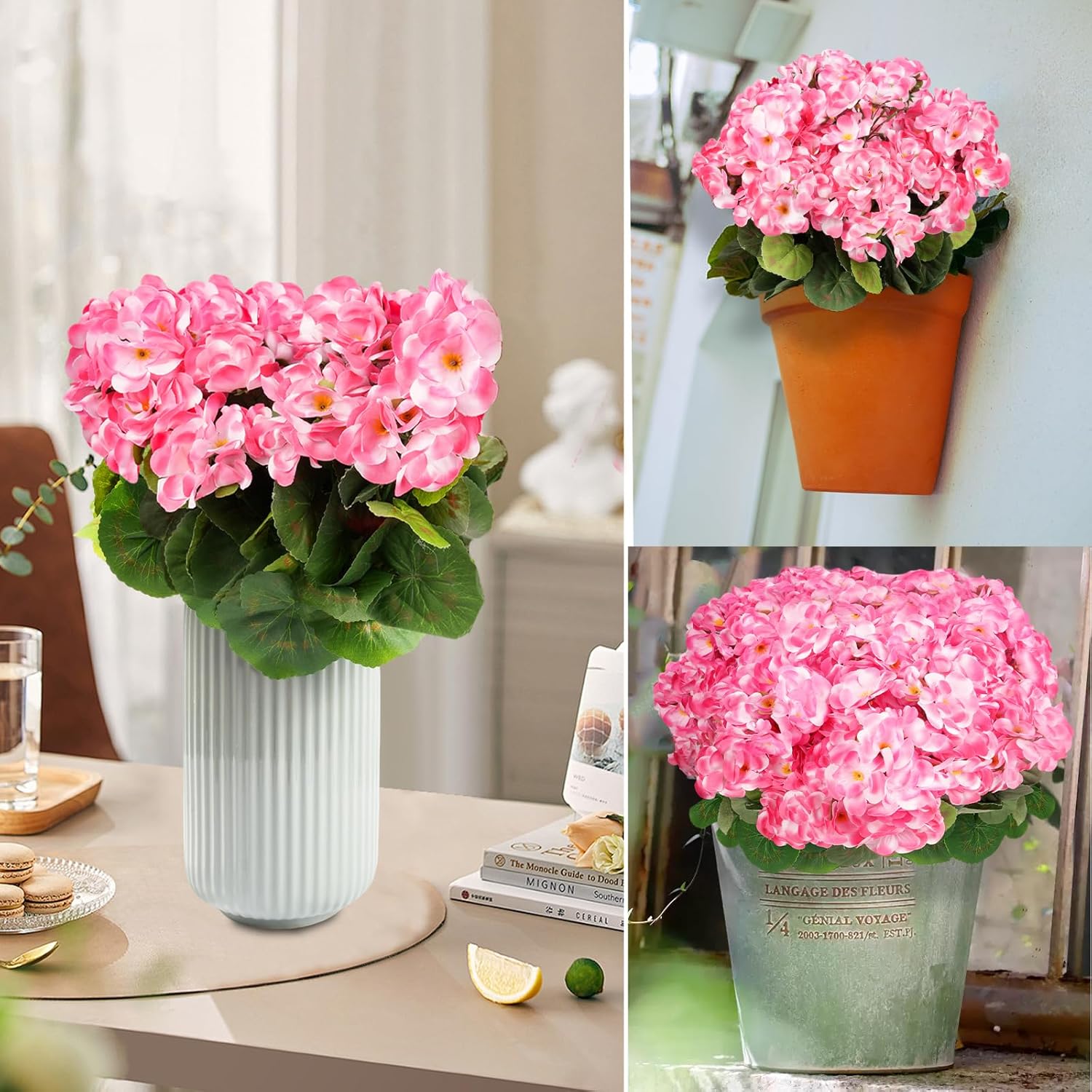 6 Bundles Artificial Flowers for Outdoors, Faux Geraniums Artificial Flowers Realistic, Faux Plants Outdoor UV Resistant for Garden Patio Porch Window Box Home Indoor Outdoor Decor (12, Pink)