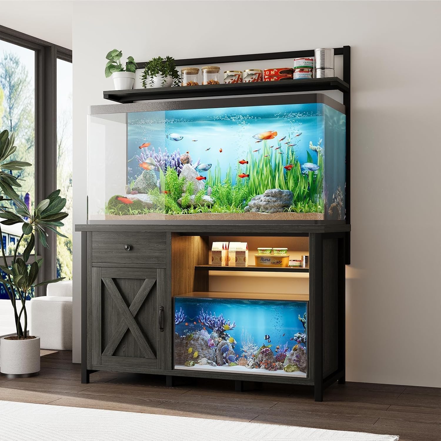 55-75 Gallon Fish Tank Stand with Power Outlet, Led Light, Aquarium Stand with Cabinet for Fish Tank Accessories Storage, Shelf, for Turtle Tank, Reptile Terrarium, 1100 LBS, Gray