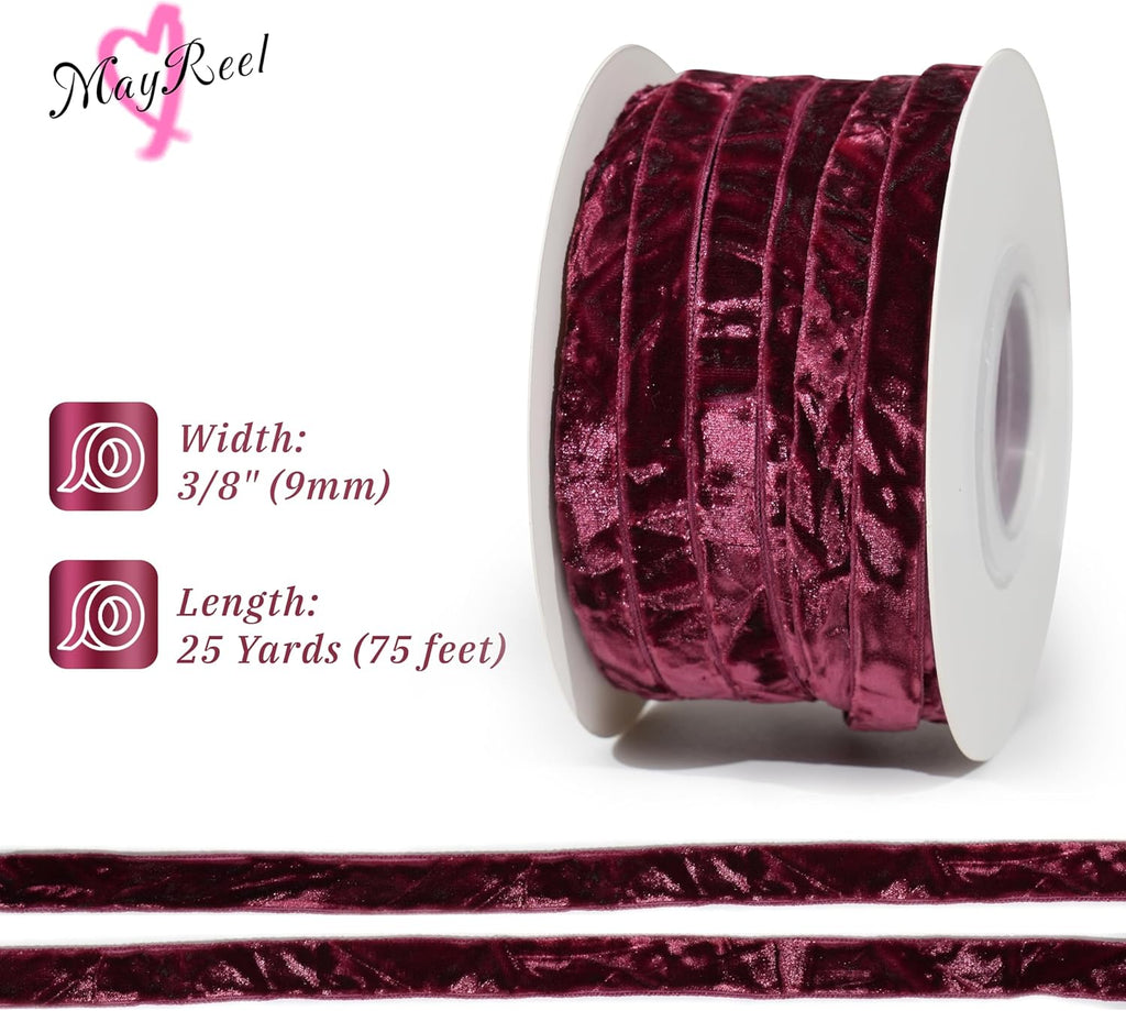 MAYREEL 3/8 Inch Burgundy Crushed Velvet Ribbon Maroon Vintage for Flower Bouquet Gift Wrapping Wedding Invitations Crafts Christmas Decorations Party 25 Yards