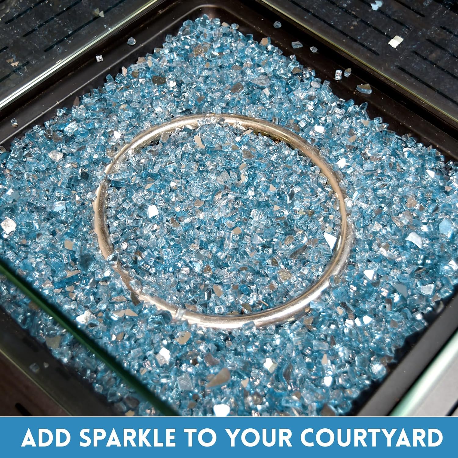 GasSaf 1/4 Inch Fire Glass Reflective Tempered Fireglass Cut Crushed FireGlass for Fire Pit, Fireplace, Replaces Existing Gas Logs & Lava Rocks (10 Pound)(Caribbean Blue)