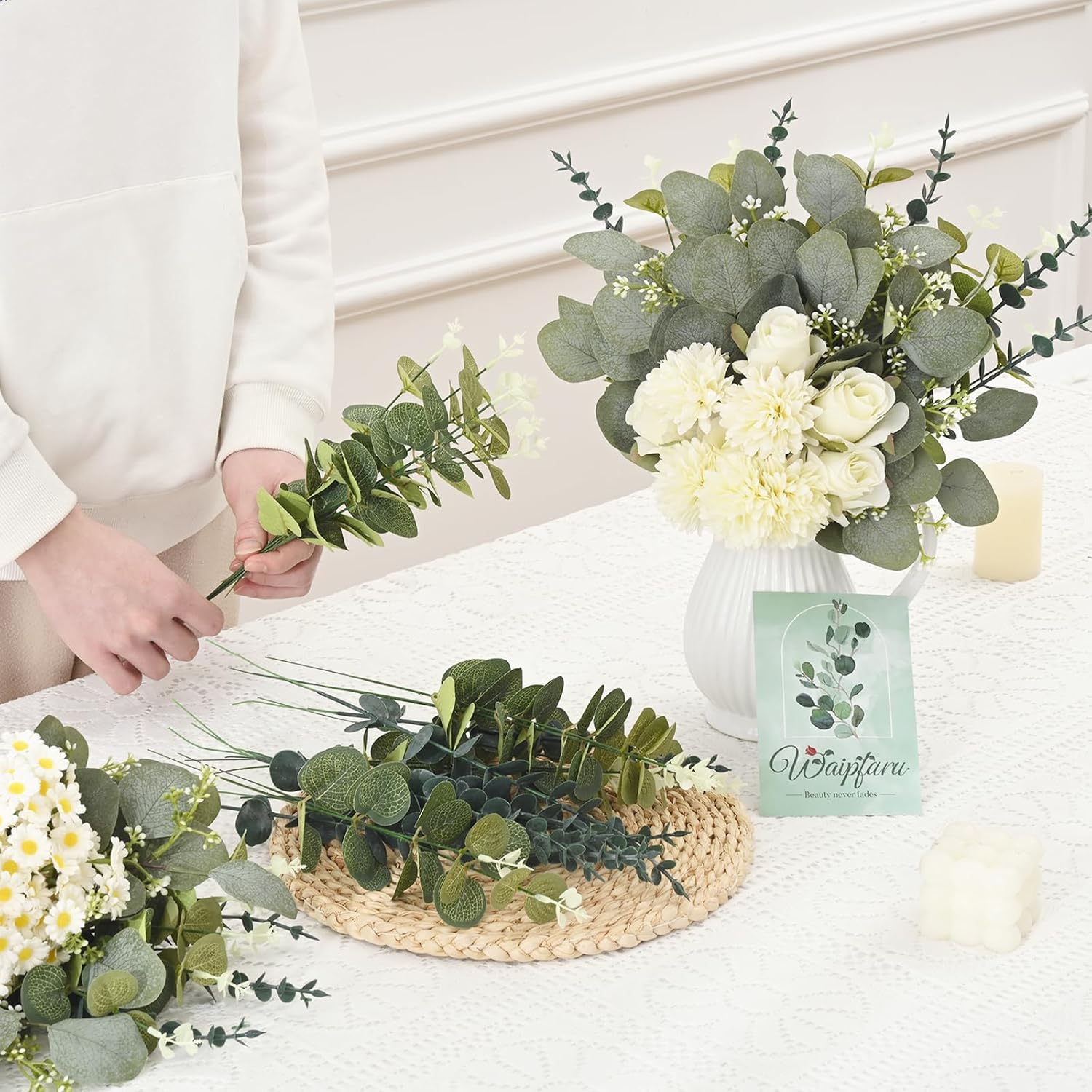 60 Pcs 5 Kinds Artificial Eucalyptus Stems and Faux Flowers, Mixed Fake Greenery Stems Leaves Bulk, Silver Dollar Eucalyptus Greenery Stems for Wedding Decor Vase Floral Arrangement Centerpiece