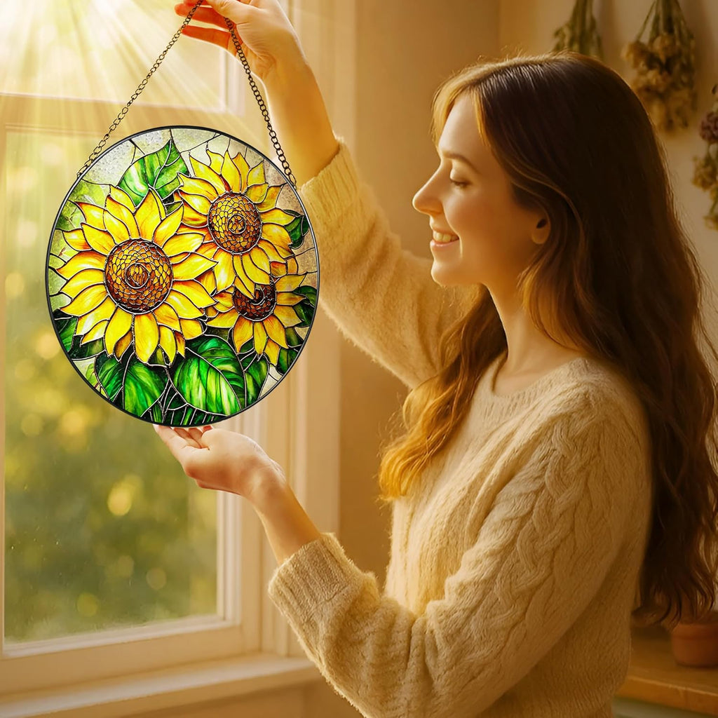 Sunflower Stained Glass Suncatcher, 8 Inch Sun Catchers Indoor Window, Stained Glass Window Hanging, Windows Dedor and Christmas, Mother's Day, Birthday, Gifts for Women Mom, Idea Gift, Gift Exchange
