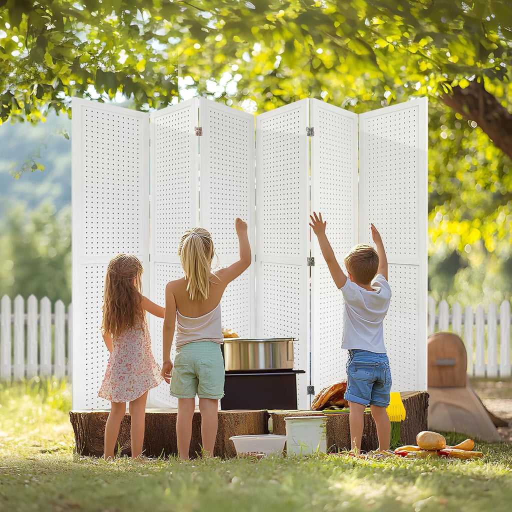 6 Panel Room Dividers 5.6FT Wall Divider with Freestanding Peg Board Display Wooden Folding Privacy Screen Foldable Partition Wall for Studio Apartment, Living Room, White