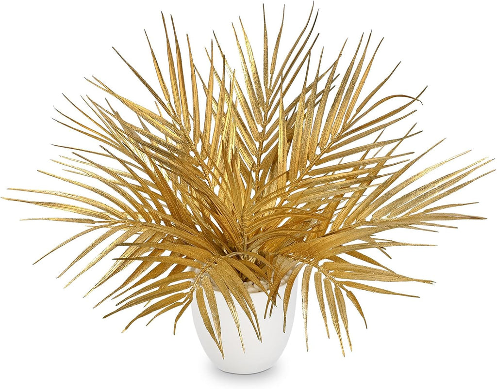Briful 14.2" Tall Fake Plants Artificial Gold Palm Plant in White Pot – Glitter Faux Palm Leaves Table Centerpiece for Christmas Holiday Decorations, Modern Home Office Desk Decor, Living Room