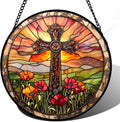 Christian Gifts for Women - Cross Stained Glass Window Hanging Jesus Easter Poppy Sunset Landscape Sun Catcher Garden Religion Decor Mother's Day Catholic Gift for Men Grandma Mom Her 9.8"