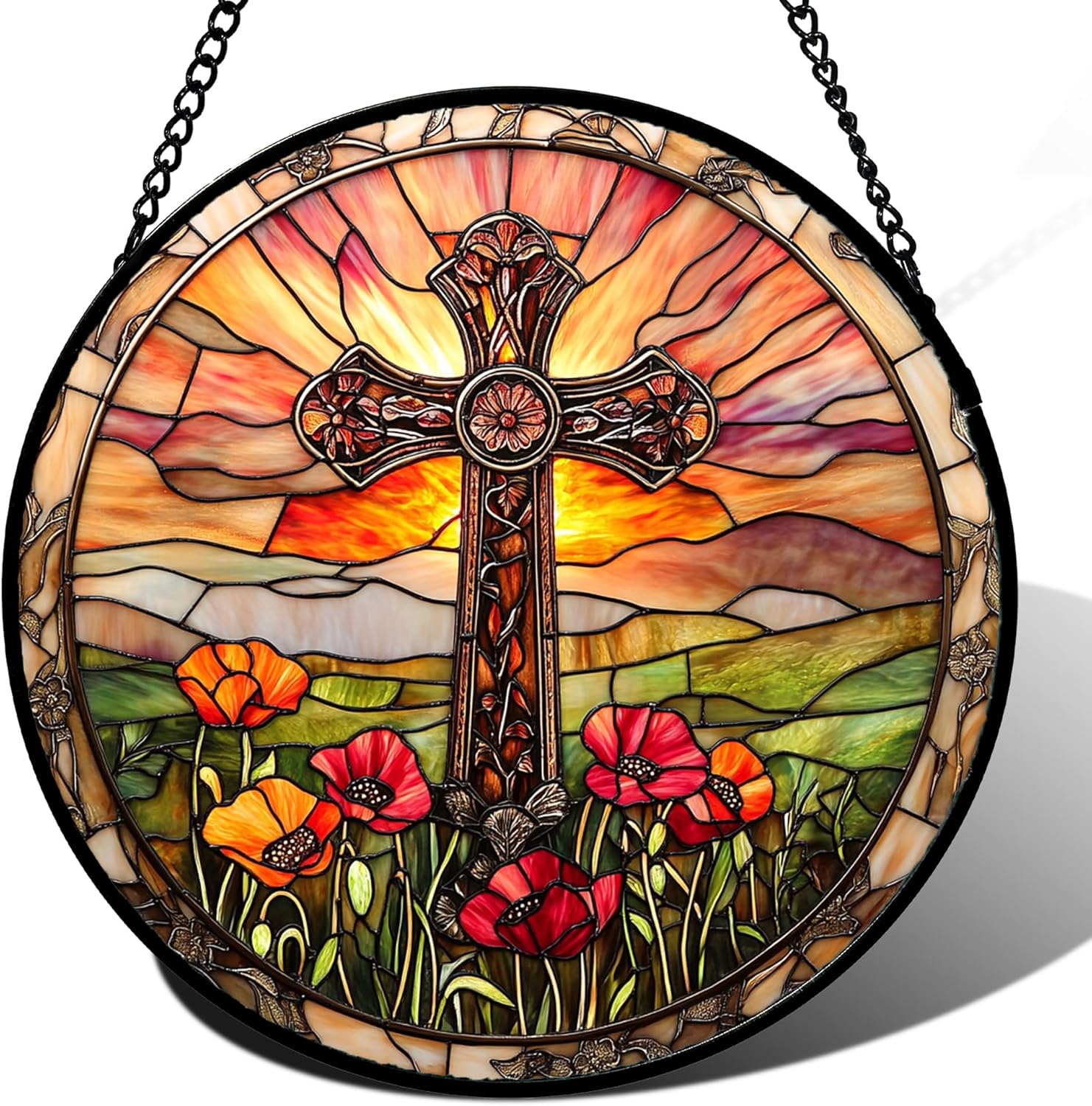Christian Gifts for Women - Cross Stained Glass Window Hanging Jesus Easter Poppy Sunset Landscape Sun Catcher Garden Religion Decor Mother's Day Catholic Gift for Men Grandma Mom Her 9.8"