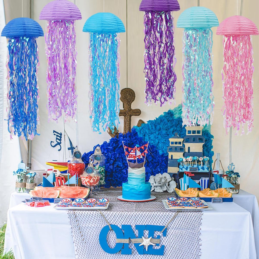 Mermaid Birthday Decorations, Jellyfish Paper Lanterns for Mermaid Party Baby Shower Under The Sea Ocean Birthday Party Decorations Pack of 6 Colorful