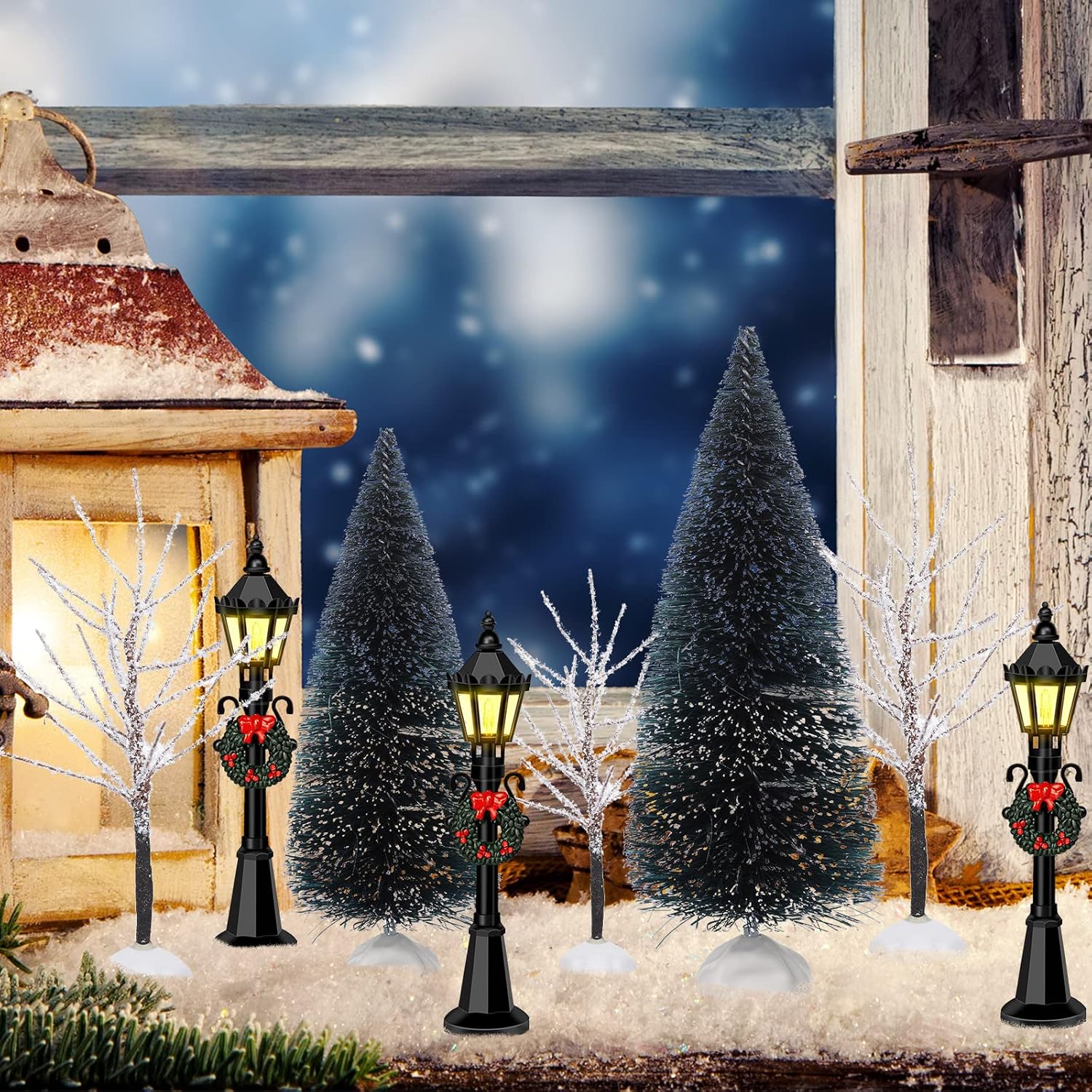 Couome Christmas Village Decor Set, 12 Pieces Including Mini Trees and Street Lamps, Ideal for Displays
