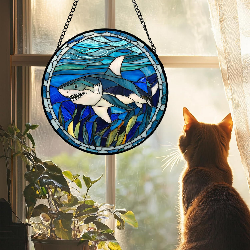 Stained Glass Suncatcher, Blue Ocean Big Shark Sun Catcher Waterweed Stain Glass Window Hanging Decoration Mother's Day Birthday Gifts for Women Men Mom Nana 7.8 in