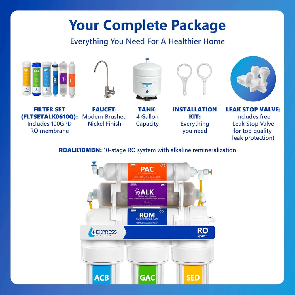 Express Water 10 Stage Reverse Osmosis Alkaline Water Filtration System - Under Sink Water Filter with Faucet and Tank, 100 GPD