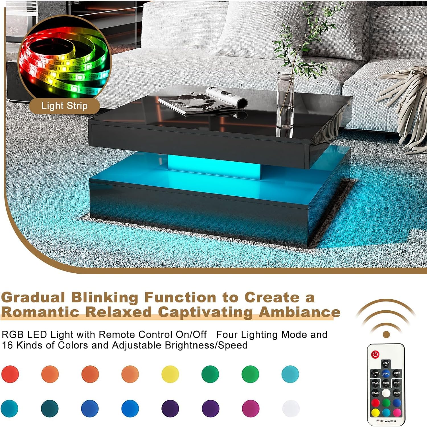 Black LED Coffee Table for Living Room, Living Room Table 2-Tier Square Center Tables, Wood Coffee Tables with Storage, Tea Table for Dining Reception Room