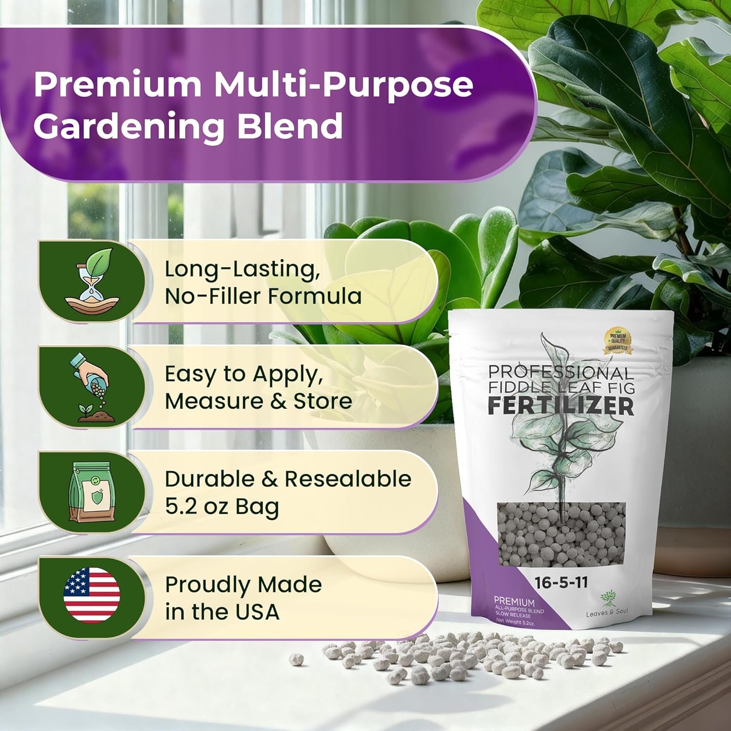 Fiddle Leaf Fig and House Plant Fertilizer Pellets |16-5-11 Slow Release Pellets for Seedlings and Mature Houseplants | Multi-Purpose Blend & Gardening Supplies| 5.2 oz Resealable Packaging