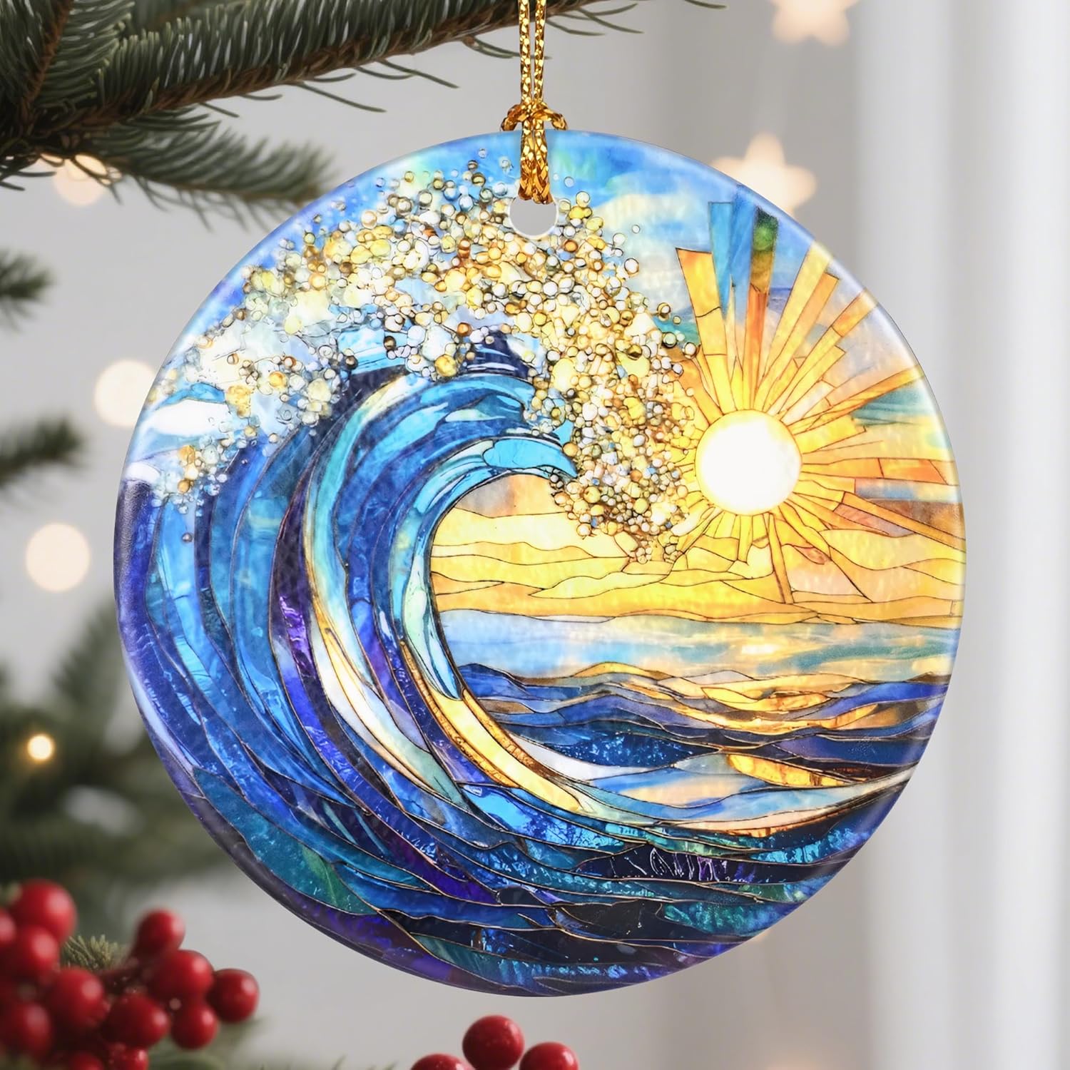 Christmas Ornaments, 2.8 Inch Ceramic Hanging Ornament, Christmas Tree Ornaments, Xmas Decorations, Holiday Decorations, Holiday Party Gifts, and Xmas Gift Ideas - Sea Wave