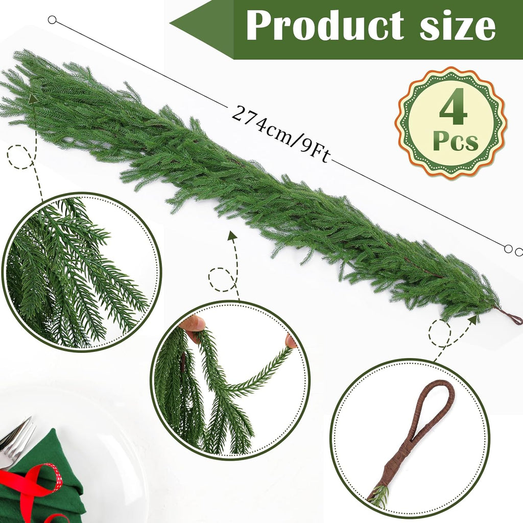 Hananona 4 Pcs 9 Ft Artificial Norfolk Pine Garlands, Real Touch Winter Pine Garland, Green Artificial Greenery Garland for Table, Mantle, Wall, Indoor, Outdoor Christmas Decorations (4, 9 Ft)