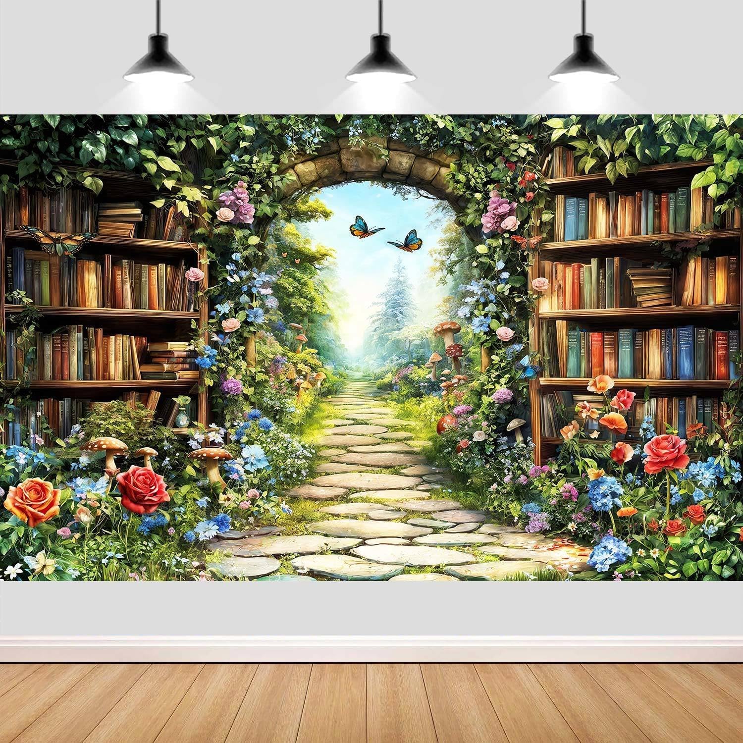 10X6ft Fairy Forest Wonderland Photography Backdrop Enchanted Library Garden Path with Floral Plants Butterflies Nature Magic Photo Studio Props for Birthday Baby Shower Party Decor