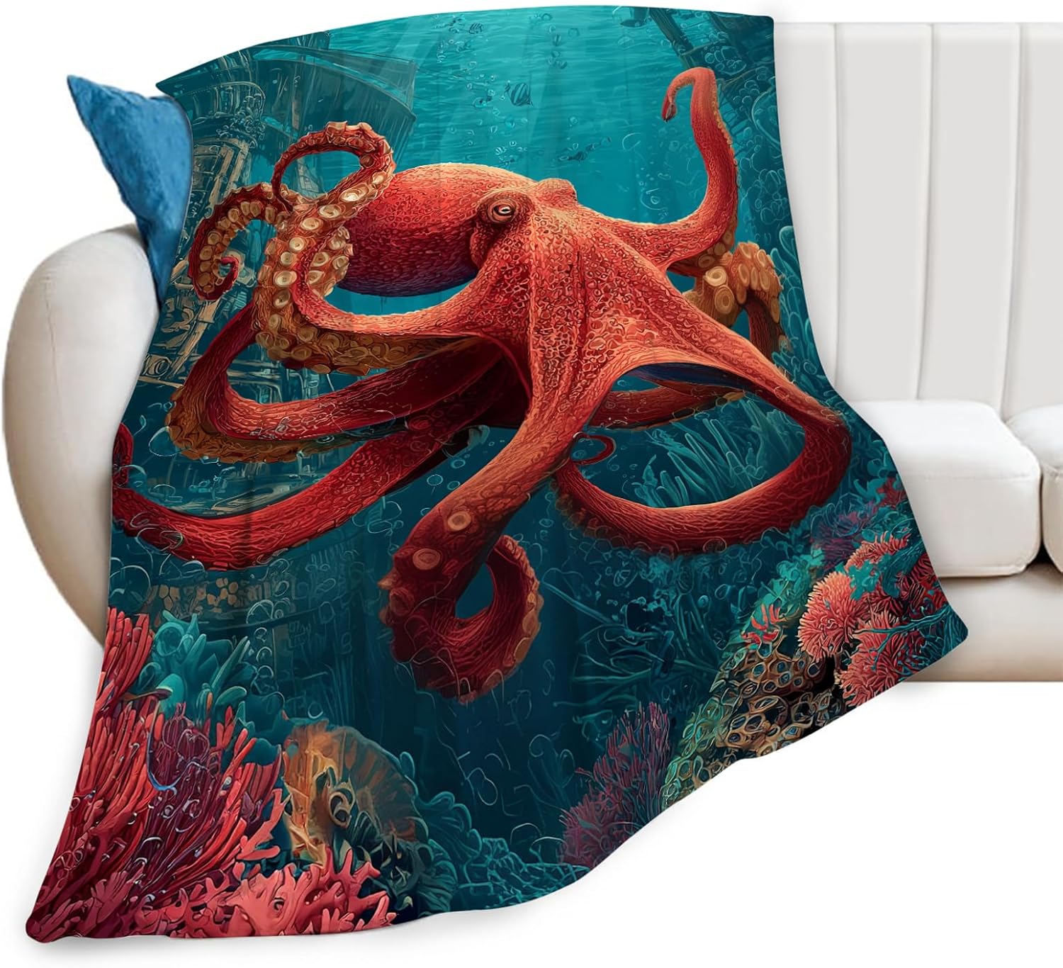 Ocean Octopus Blanket Coral Marine Life Animal Throw Blankets Gifts for Girls Boys Kids Octopus Lover Soft Cozy Fleece Plush for Couch Sofa Bed 80"x60"