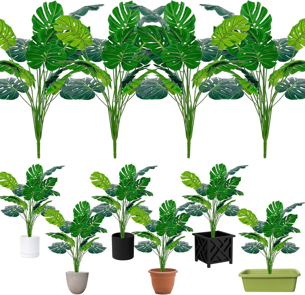Artificial Palm Tree Leave Plants - 4PCS 28'' Tall Fake Plant Monstera Leaf Indoor Outdoor, Large Faux Floor Plant for Living Room, Bedroom Plants Decor, Bathroom Farmhouse Home House Decor
