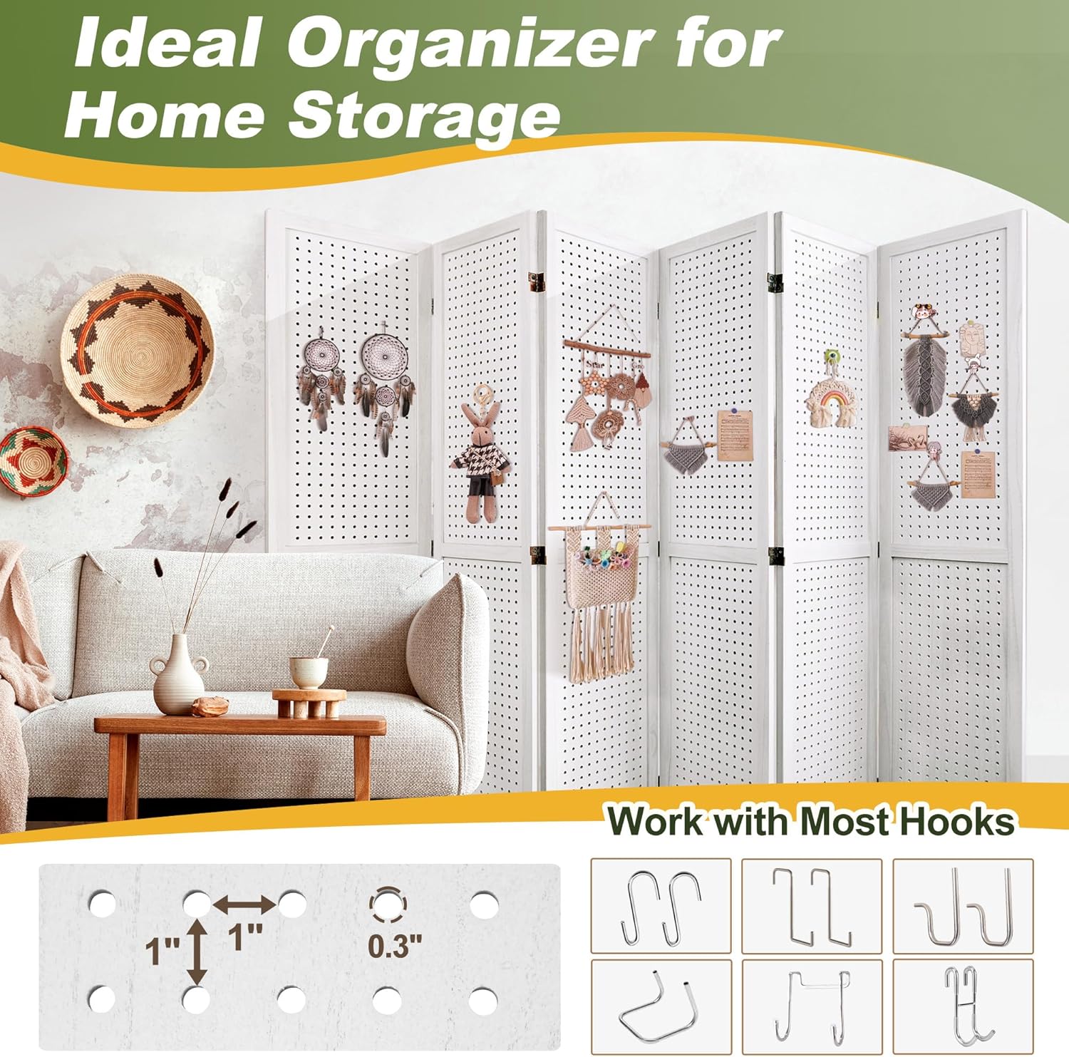 NicBex Room Divider 6 Panel Pegboard Display 5.6FT Wood PegBoard Room Dividers, Folding Privacy Screens Portable Display Board Wall Divider for Craft/Art Shows, Room Separation, White
