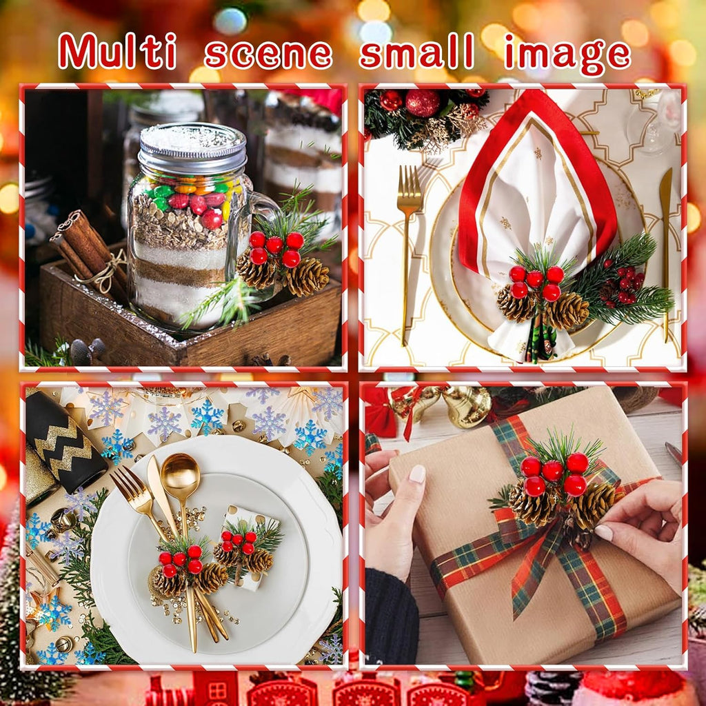Wowagoga 30 PCS Faux Mini Snowy Pine Picks with Red Berries & Natural Pinecones Mini Artificial Pine Tree for Christmas Party Gift Decor