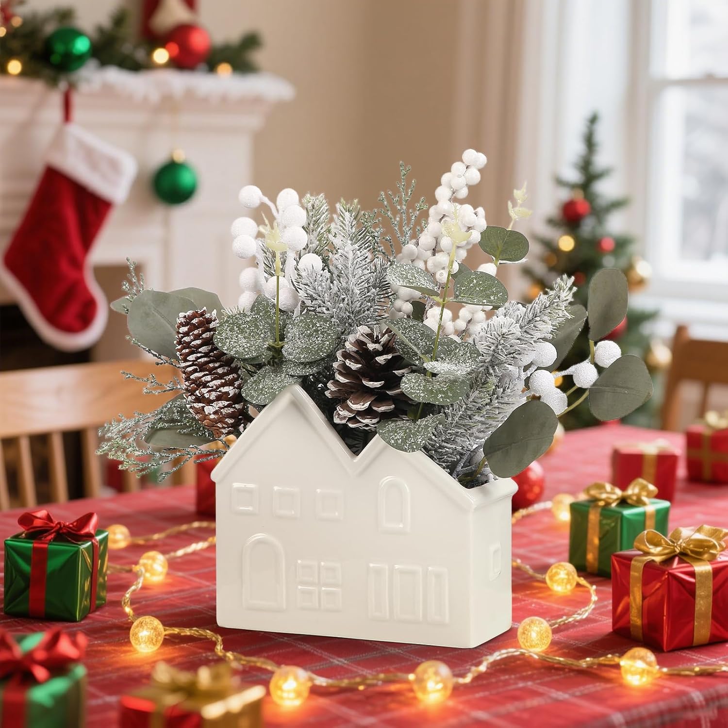Small Christmas Tree Table Decorations, Artificial Mini Christmas Tree with Pine Cones, Christmas Plants Decorations in Ceramic Pot, Tabletop Ornaments for Home Indoor Fireplace Dining Table Decor
