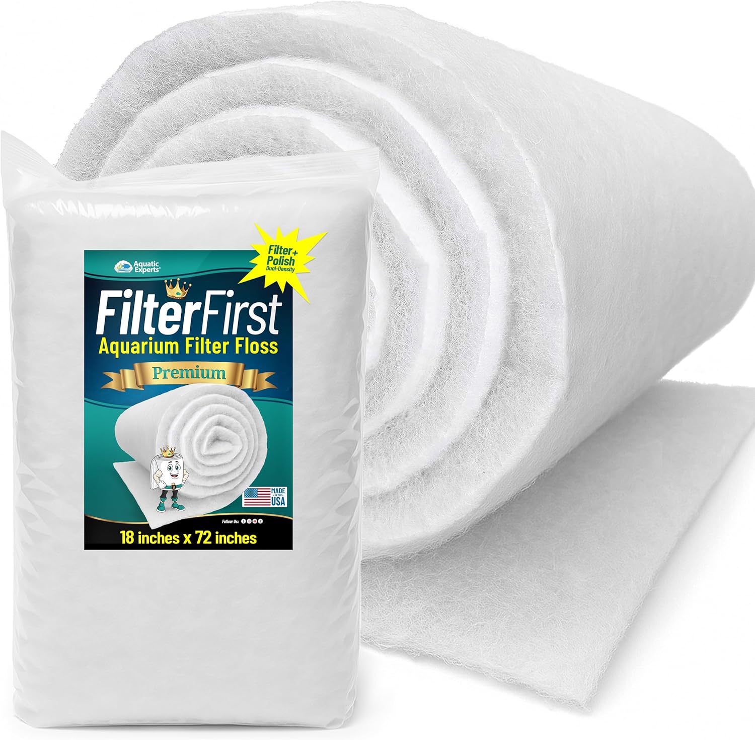 Aquatic Experts Aquarium Filter Floss for Fish Tank Filters - FilterFirst Aquarium Filter Pad - Media Roll for Crystal Clear Water, 3/4" - 1" Thick (18 Inch Wide, 72 Inch Long)