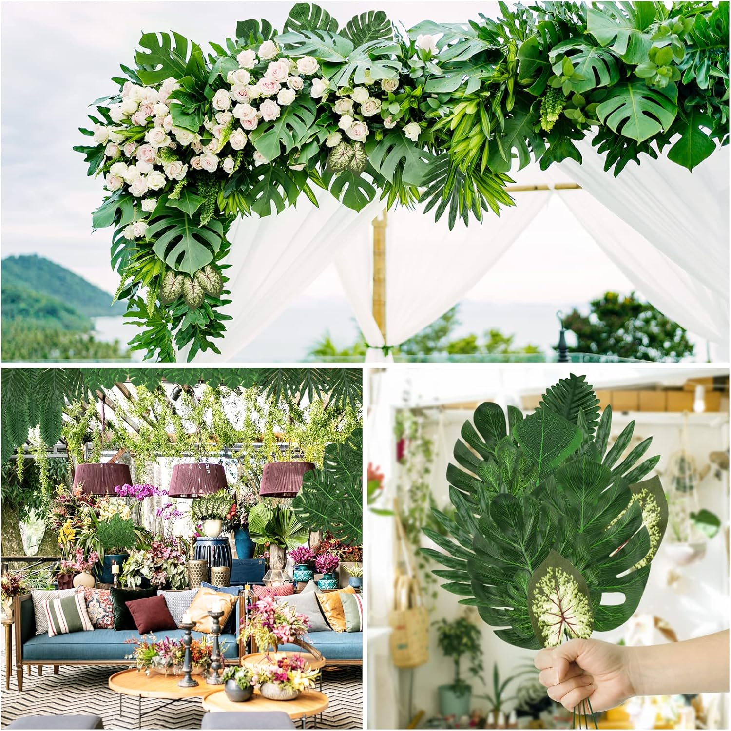 Jungle Party Decorations, 78 Pieces 8 Kinds Artificial Palm Leaves Green Tropical Leaves with Stems Jungle Leaves Decorations Palm for Hawaiian Luau Party Jungle Beach Table