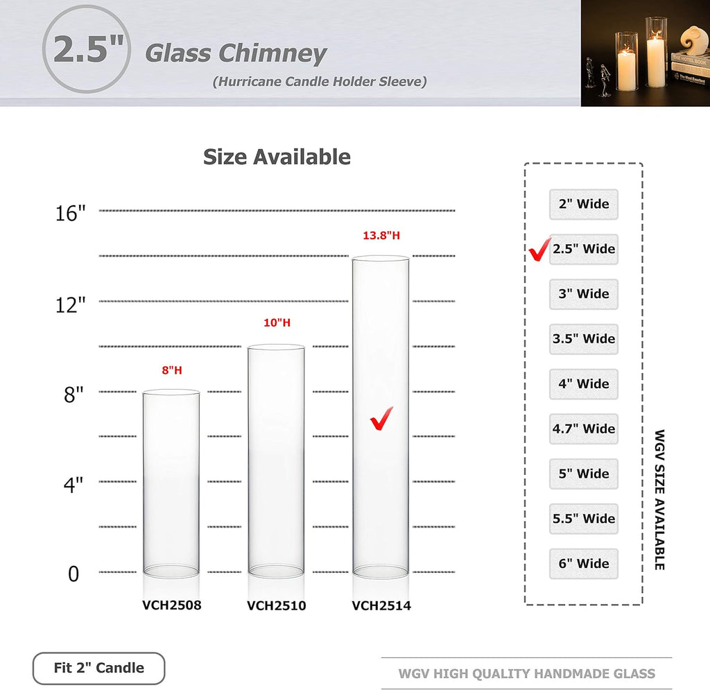 WGVI Hurricane Candle Holder Sleeve, Wide 2.5", Height 14", Clear Glass Cylinder Candleholder, Chimney Tube, Open Ended Candle Shade, 6 Pieces Bulk