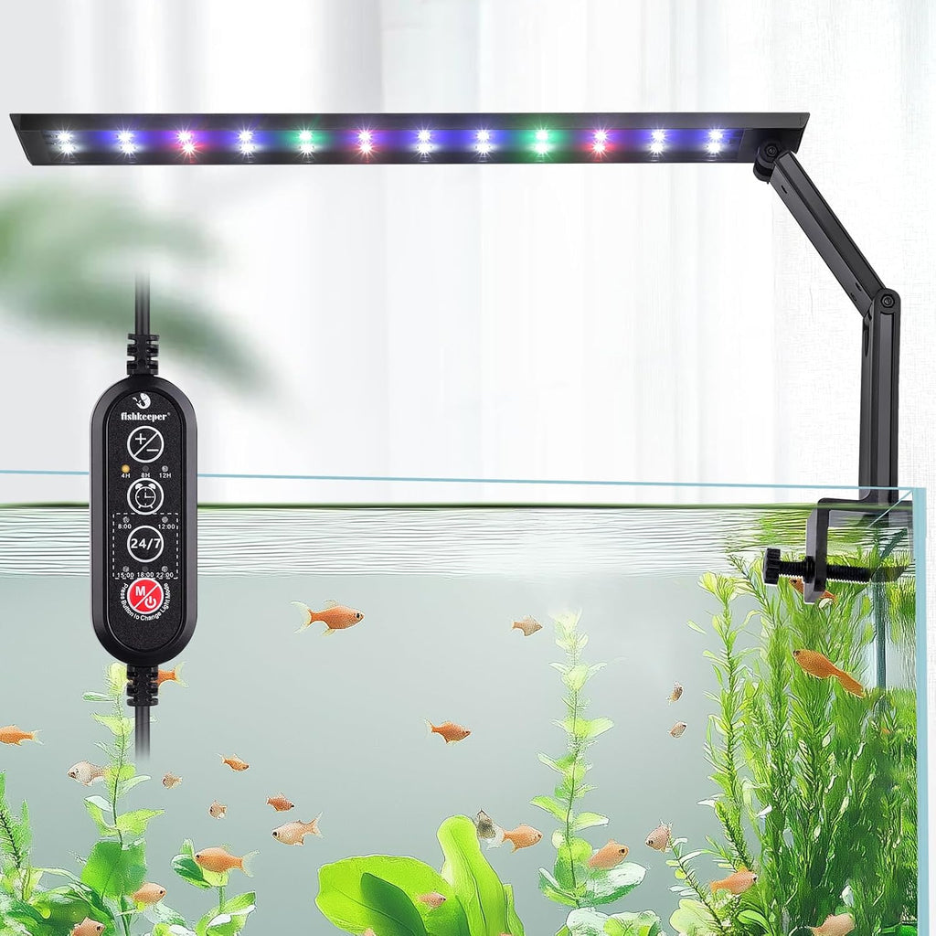 fishkeeper LED Aquarium Light - Clip On 24/7 Adjustable Aquarium Plant Light with Sunrise/Sunset Timer, 10 Brightness Levels, Auto On/Off,Full Spectrum Fish Tank Light for 20-40G Freshwater Tanks(14W)