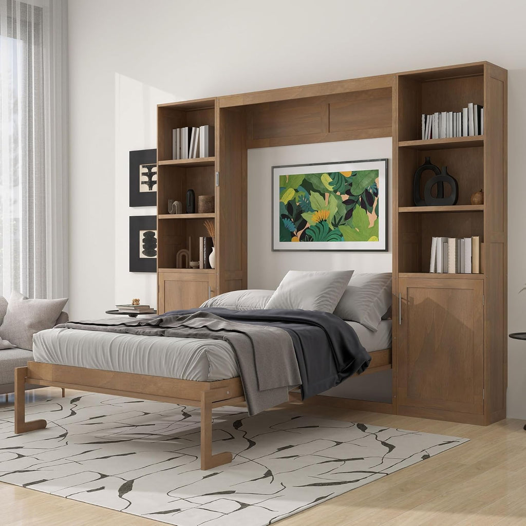 MERITLINE Queen Farmhouse Murphy Bed with Storage Bookcase Shelves and Cabinets, Solid Wood Foldable Hidden Vertical Murphy Wall Bed with Storage for Adults