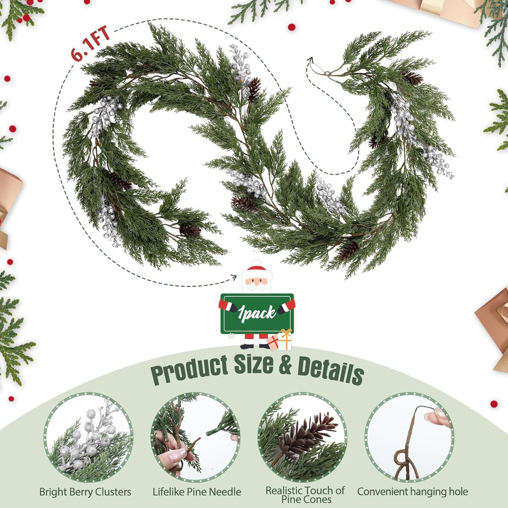 SJL Faux Cypress Pine Garlands 1Pcs Christmas Garland Artificial Realistic Holiday Cedar Pine Needles Greenery Garland Decoration with Pinecones and Berries for Fireplace Table Christmas Party Home