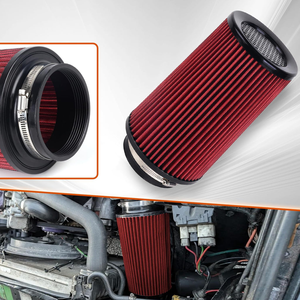 4-Inch Cold Air Intake Filter - Washable, High Performance, 3" or 3-1/2" or 4" Clamp-On Filter Height: 9 In Replacement Cone Air Filter Universal 3 Sizes in 1 (Red)