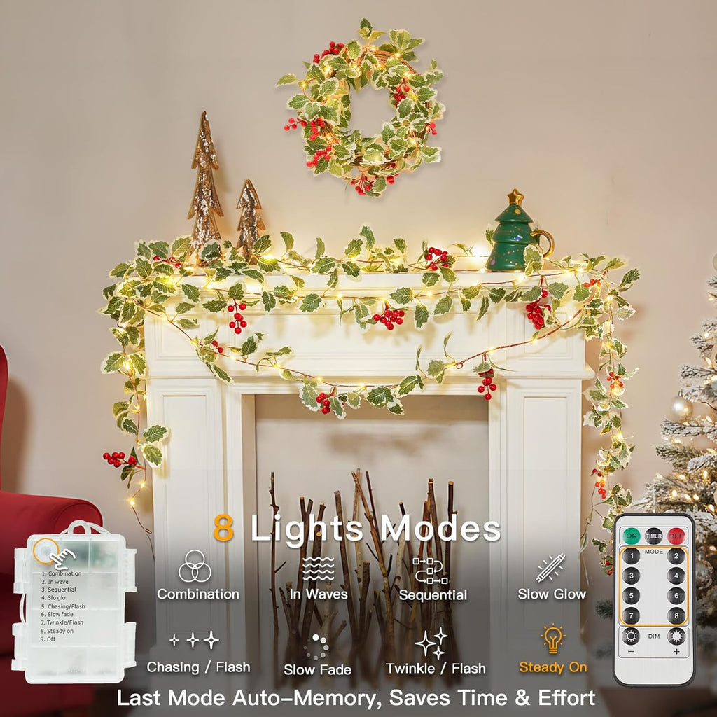 suddus 40 LED Christmas Fairy Lights Battery Powered,12.5ft Vine String Lights with Red Berries & Holly Leaf Timer Remote, Artificial Garlands for Fireplace, Bedroom,Porch,Door,Table,Stairs,Xmas Decor