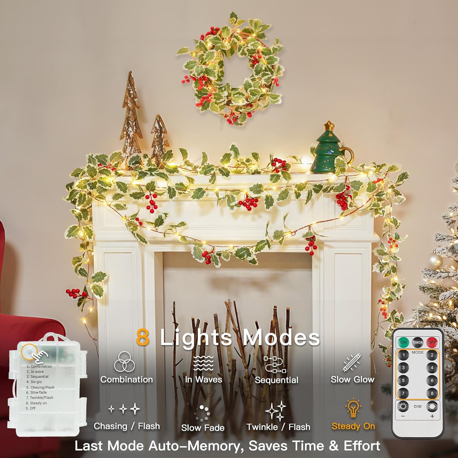 suddus 40 LED Christmas Fairy Lights Battery Powered,12.5ft Vine String Lights with Red Berries & Holly Leaf Timer Remote, Artificial Garlands for Fireplace, Bedroom,Porch,Door,Table,Stairs,Xmas Decor