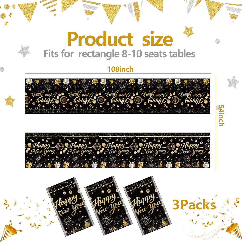 3 Pieces Happy New Year Tablecloths Plastic Disposable Table Covers for Happy New Year Party Theme Decorations Supplies 54 x 108 Inch