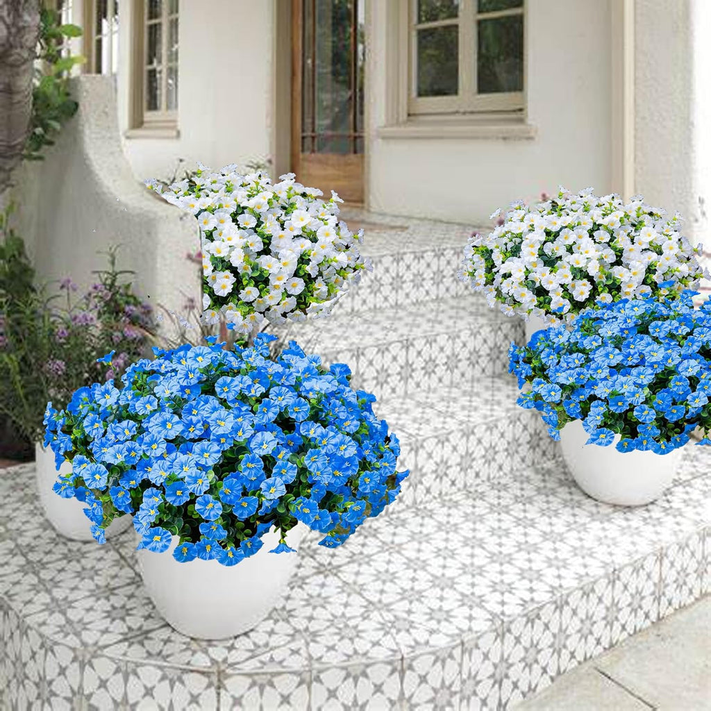 Artificial Outdoor Flowers 16 Bundles Fake Morning Glory Flower Outdoor UV Resistant Plastic Faux Flowers Plants for Decoration Indoor Outdoor Hanging Window Box Planter Home Porch Decor (Blue)