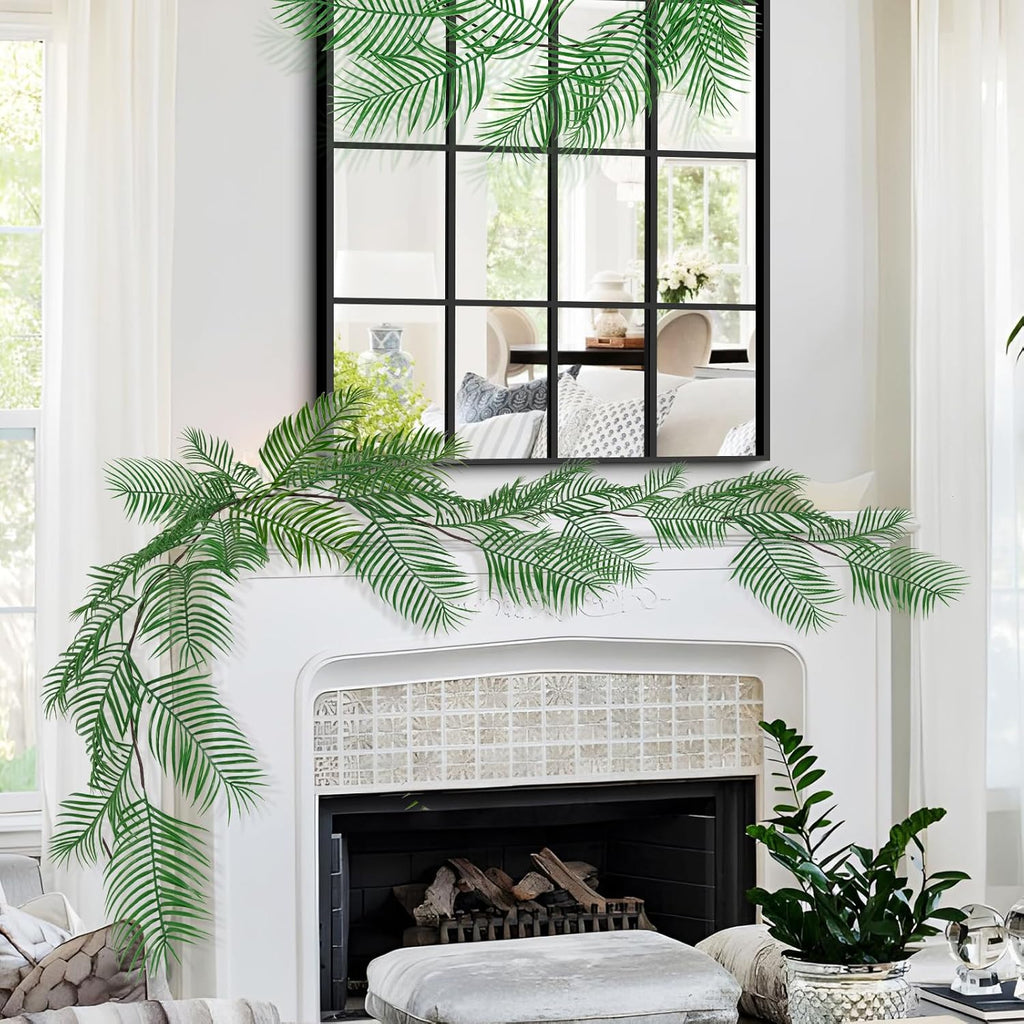 RECUTMS Artificial Palm Leaves Vine 6FT Fake Tropical Greenery Garland Faux Hanging Ivy Vines Wreaths Indoor Outdoor Home Wedding Jungle Hawaiian Luau Party DIY Fireplace Mantle Table Decoration